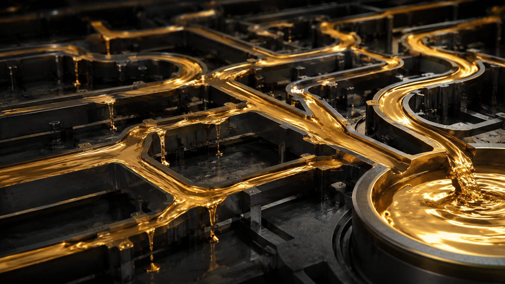 35d616d3-c8c6-415b-a8e8-4774c309192f Molten liquid gold flowing through an engineered metallic channel system with subtle leaks and a central collection reservoir.